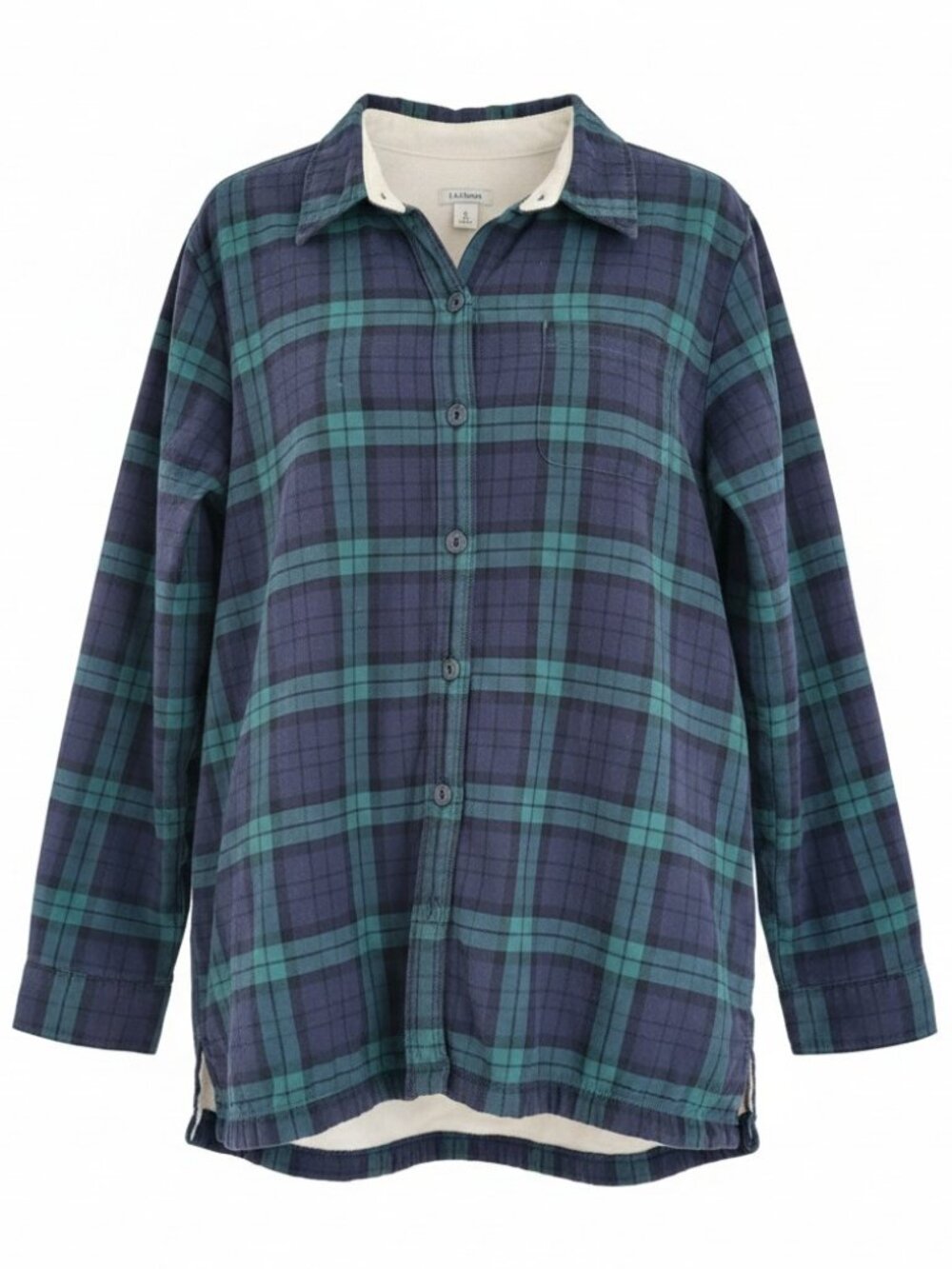 L.L. Bean Fleece-Lined Flannel Shirt Black Watch Plaid Navy Green Medium Classic
